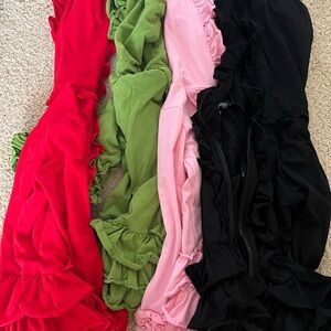 Ruffled Dresses in Red, Green, Pink, and Black